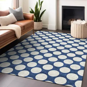5' X 8' Navy Blue And Ivory Polka Dot Washable Indoor Outdoor Area Rug