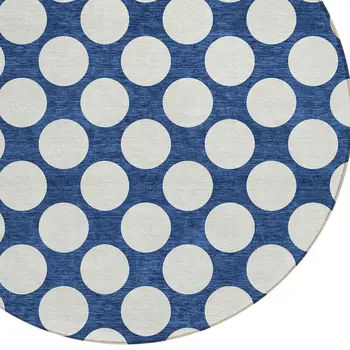 8' Navy Blue And Ivory Round Polka Dot Washable Indoor Outdoor Area Rug
