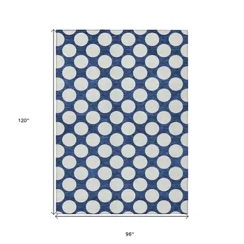 8' X 10' Navy Blue And Ivory Polka Dot Washable Indoor Outdoor Area Rug