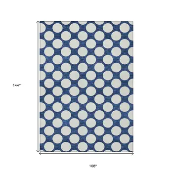 9' X 12' Navy Blue And Ivory Polka Dot Washable Indoor Outdoor Area Rug