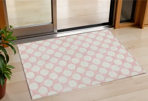 3' X 5' Pink And Gray Polka Dot Washable Indoor Outdoor Area Rug