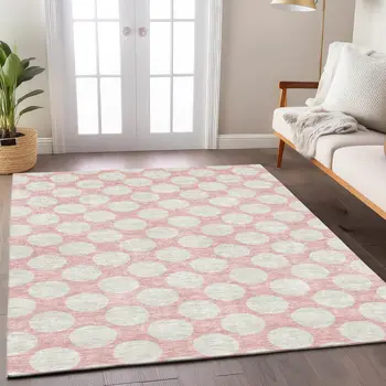 5' X 8' Pink And Gray Polka Dot Washable Indoor Outdoor Area Rug