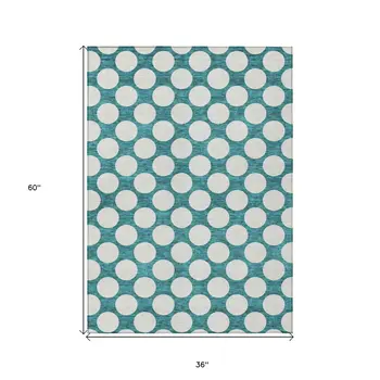 3' X 5' Teal Blue And Ivory Polka Dot Washable Indoor Outdoor Area Rug