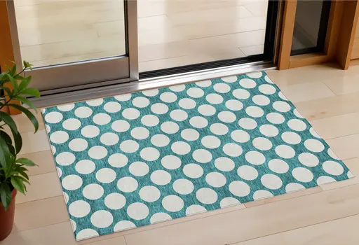 3' X 5' Teal Blue And Ivory Polka Dot Washable Indoor Outdoor Area Rug