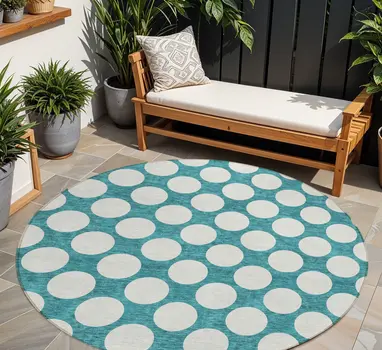 8' Teal Blue And Ivory Round Polka Dot Washable Indoor Outdoor Area Rug