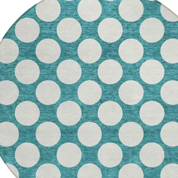 8' Teal Blue And Ivory Round Polka Dot Washable Indoor Outdoor Area Rug