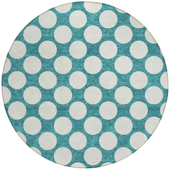 8' Teal Blue And Ivory Round Polka Dot Washable Indoor Outdoor Area Rug