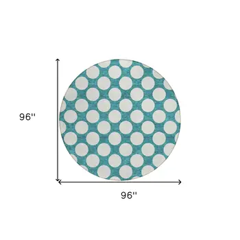 8' Teal Blue And Ivory Round Polka Dot Washable Indoor Outdoor Area Rug