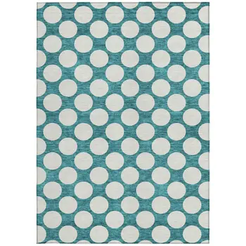 8' X 10' Teal Blue And Ivory Polka Dot Washable Indoor Outdoor Area Rug