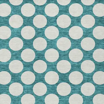 9' X 12' Teal Blue And Ivory Polka Dot Washable Indoor Outdoor Area Rug