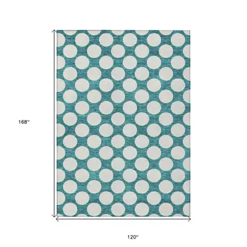 10' X 14' Teal Blue And Ivory Polka Dot Washable Indoor Outdoor Area Rug