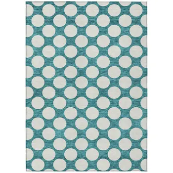 10' X 14' Teal Blue And Ivory Polka Dot Washable Indoor Outdoor Area Rug