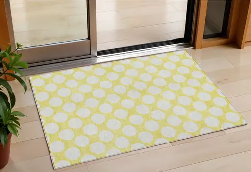 3' X 5' Yellow And Gray Polka Dot Washable Indoor Outdoor Area Rug
