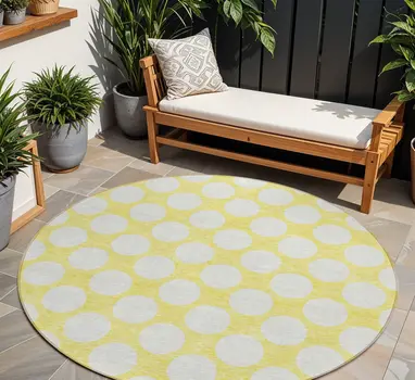 8' Yellow And Gray Round Polka Dot Washable Indoor Outdoor Area Rug