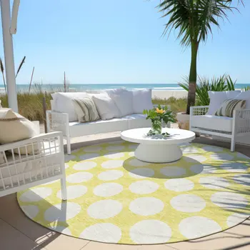 8' Yellow And Gray Round Polka Dot Washable Indoor Outdoor Area Rug