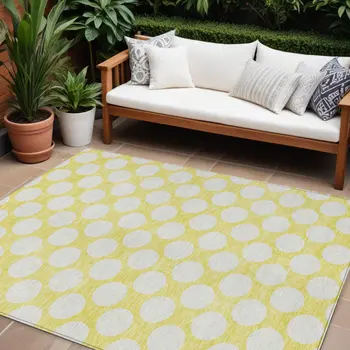 8' X 10' Yellow And Gray Polka Dot Washable Indoor Outdoor Area Rug