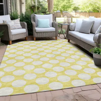 10' X 14' Yellow And Gray Polka Dot Washable Indoor Outdoor Area Rug