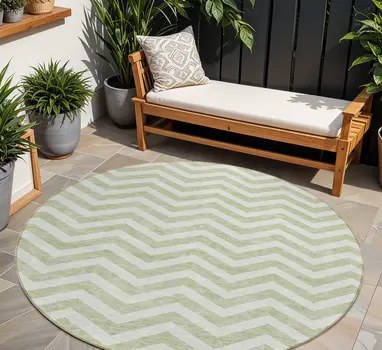 8' Artichoke Green And Ivory Round Chevron Washable Indoor Outdoor Area Rug