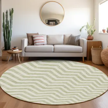 8' Artichoke Green And Ivory Round Chevron Washable Indoor Outdoor Area Rug