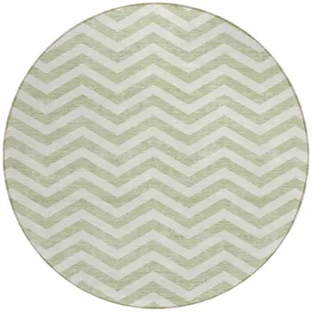 8' Artichoke Green And Ivory Round Chevron Washable Indoor Outdoor Area Rug