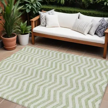 9' X 12' Artichoke Green And Ivory Chevron Washable Indoor Outdoor Area Rug