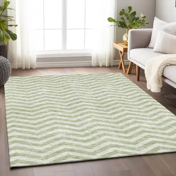 10' X 14' Artichoke Green And Ivory Chevron Washable Indoor Outdoor Area Rug