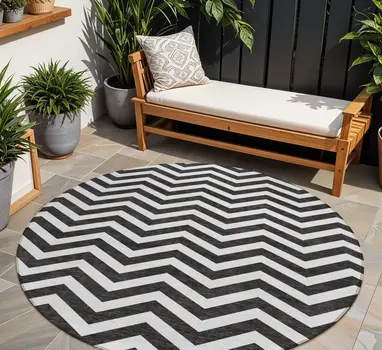 8' Black And Ivory Round Chevron Washable Indoor Outdoor Area Rug