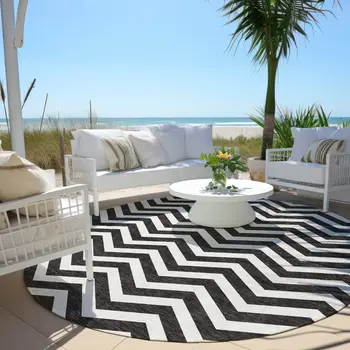 8' Black And Ivory Round Chevron Washable Indoor Outdoor Area Rug