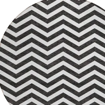 8' Black And Ivory Round Chevron Washable Indoor Outdoor Area Rug