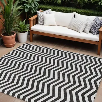 8' X 10' Black And Ivory Chevron Washable Indoor Outdoor Area Rug