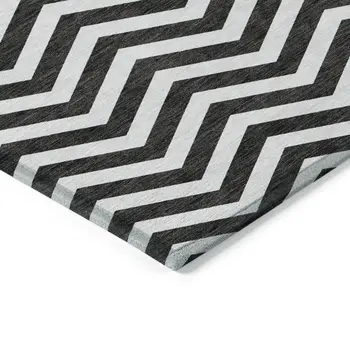 8' X 10' Black And Ivory Chevron Washable Indoor Outdoor Area Rug