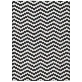 9' X 12' Black And Ivory Chevron Washable Indoor Outdoor Area Rug