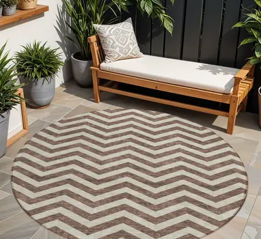 8' Brown And Beige Round Chevron Washable Indoor Outdoor Area Rug