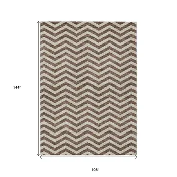 9' X 12' Brown And Beige Chevron Washable Indoor Outdoor Area Rug