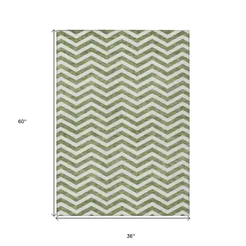 3' X 5' Green And Ivory Chevron Washable Indoor Outdoor Area Rug