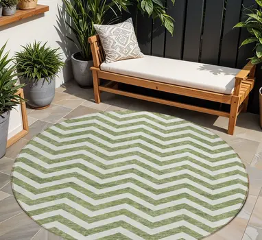 8' Green And Ivory Round Chevron Washable Indoor Outdoor Area Rug
