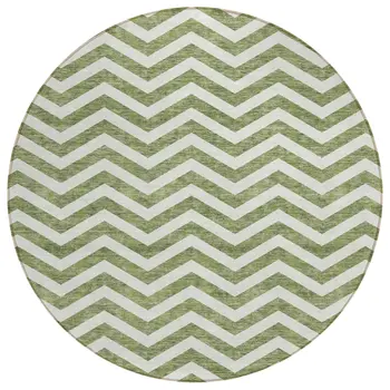 8' Green And Ivory Round Chevron Washable Indoor Outdoor Area Rug