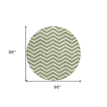 8' Green And Ivory Round Chevron Washable Indoor Outdoor Area Rug