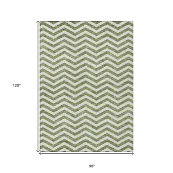 8' X 10' Green And Ivory Chevron Washable Indoor Outdoor Area Rug
