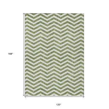 10' X 14' Green And Ivory Chevron Washable Indoor Outdoor Area Rug