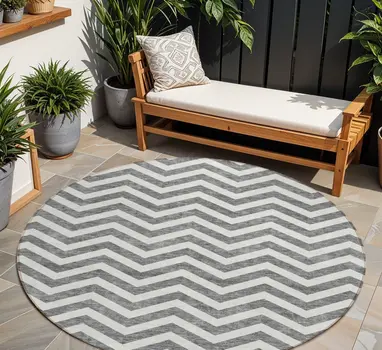 8' Gray And Ivory Round Chevron Washable Indoor Outdoor Area Rug