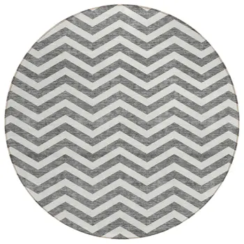 8' Gray And Ivory Round Chevron Washable Indoor Outdoor Area Rug