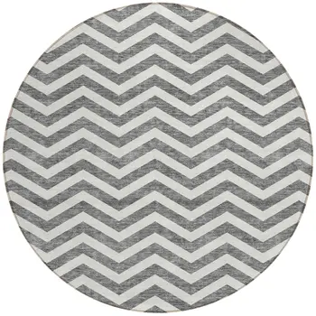 8' Gray And Ivory Round Chevron Washable Indoor Outdoor Area Rug