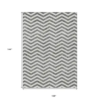 9' X 12' Gray And Ivory Chevron Washable Indoor Outdoor Area Rug