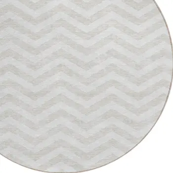 8' Ivory And Silver Round Chevron Washable Indoor Outdoor Area Rug
