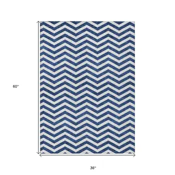 3' X 5' Navy Blue And Ivory Chevron Washable Indoor Outdoor Area Rug