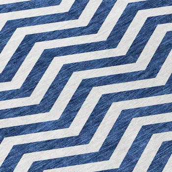 3' X 5' Navy Blue And Ivory Chevron Washable Indoor Outdoor Area Rug