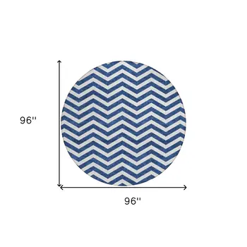 8' Navy Blue And Ivory Round Chevron Washable Indoor Outdoor Area Rug