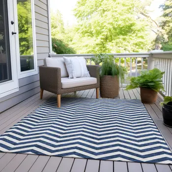 9' X 12' Navy Blue And Ivory Chevron Washable Indoor Outdoor Area Rug
