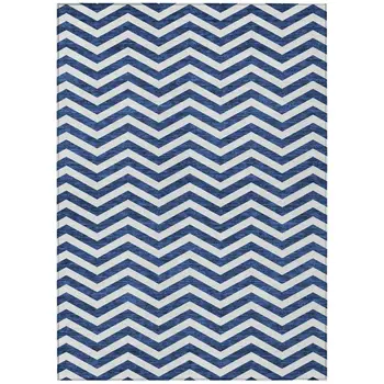 9' X 12' Navy Blue And Ivory Chevron Washable Indoor Outdoor Area Rug